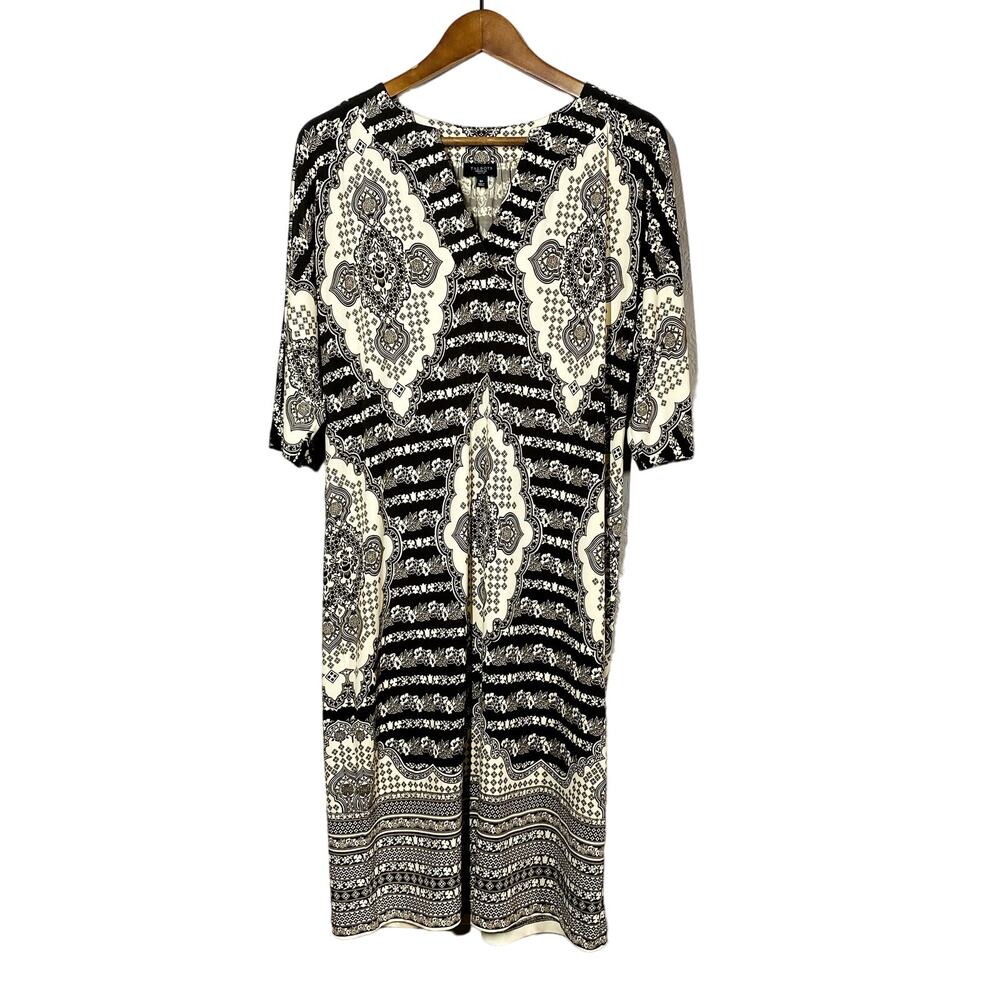 Talbots Petites Floral Jacquard Print Shift Dress tunic Brown White V NEck - 6P